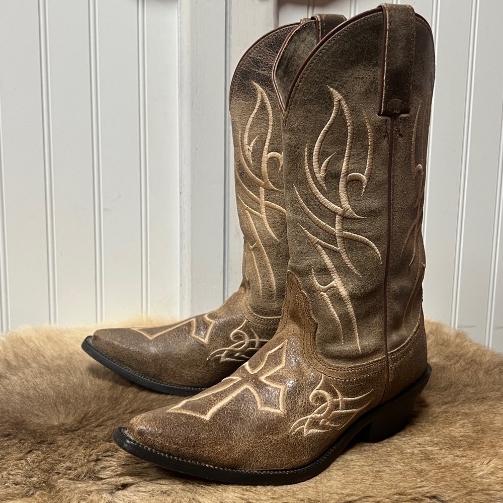 Justin Tribal Cross Western Cowboy Boots 6 - Picture 4 of 9